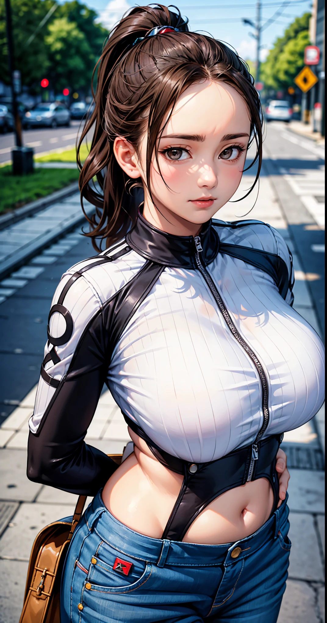 ((masterpiece,intricate details)),realistic, photorealistic,1girl,mature female,Slicked-back high ponytail,,brown eyes,:3,large breasts,wide hips,Square Neck One-Piece,sidewalk,cumulonimbus, ((upper body)),from above,depth of field,looking at viewer,