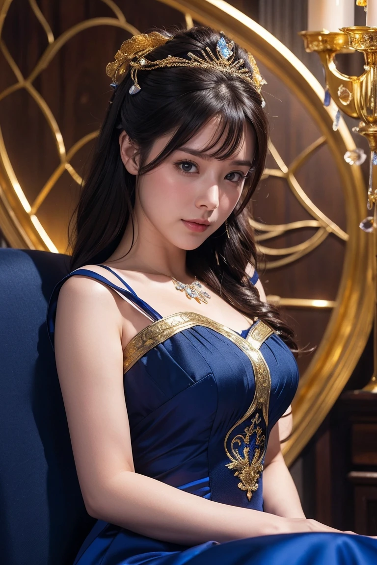 Medium display, Medium Shot, Written boundary depth, bust,Photograph the whole body, Movie angle, masterpiece, Highest quality, Very detailed, CG, 8k wallpaper, Beautiful Face, Delicate eyes, Otome, alone, smile,Cobalt blue dress with gold trim, High heels、Fractal Background