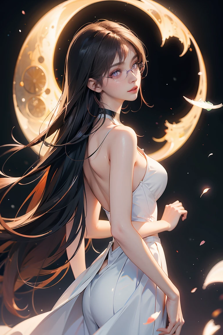 She has a slim and elegant physique. His skin is pale, iridescent case, and it looks even whiter than the full moon. Her long, dark hair falls over her shoulders., framing eyes of an intense reddish color. She wears a dark flared dress, open at the sides, which reveals brief glimpses of her skin. It&#39;s a classy outfit, but revealing, showing more than what is hidden