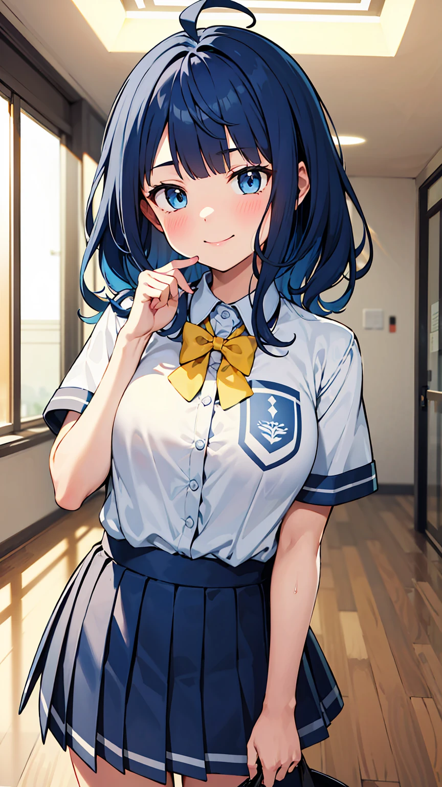 ((masterpiece, best quality, highres)), depth of field, BREAK, 1girl, smile, blush, cowboy shot, BREAK, (indoor), school corridor, BREAK, Yanami Anna, ahoge, medium hair, blue hair, sidelocks, blunt bangs, blue eyes, BREAK, school uniform, collared shirt, white shirt, pocket, blue bow, yellow bow, short sleeves, large breasts, skindentation, shirt tucked in, blue skirt, pleated skirt, black socks, loafers
