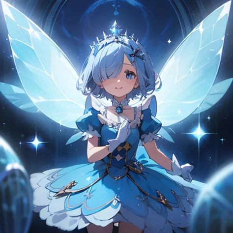 girl, fairy, silver hair, short hair, long bangs, hide one eye, small silver tiara, blue eyes, sparkling eyes, light blue mini d...