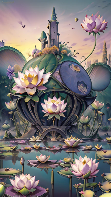  ( Surrealism ) a Surreal scene involving (Lotus flowers:1.5), Lotus world. A world made of Lotus. Lotus are everywhere, involving Lotus pond, non euclidean Lotus geometry, an abstract scene , Castle covered in Lotus, bound in Lotus. Lotus sword, Surreal Lotus, Lotus l Lotus planet, created in a medieval city Lotus, in the Gothic style, giant Lotus, 