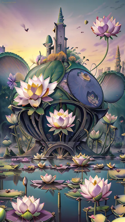 ( surrealism ) a surreal scene involving (lotus flowers:1.5), lotus world. a world made of lotus. lotus are everywhere, involvin...