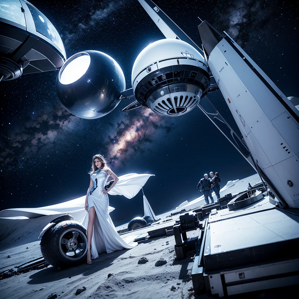 futuristic women and men with space dress in a lunar dessert with a space ship crash on the floor. HD