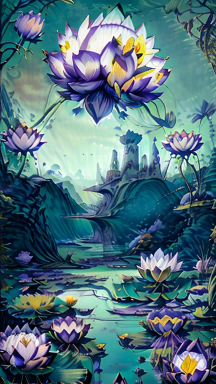  ( Surrealism ) a Surreal scene involving (Lotus flowers:1.5), Lotus world. A world made of Lotus. Lotus are everywhere, involving Lotus pond, non euclidean Lotus geometry, an abstract scene , Castle covered in Lotus, bound in Lotus. Lotus sword, Surreal Lotus, Lotus l Lotus planet, created in a medieval city Lotus, in the Gothic style, giant Lotus, 