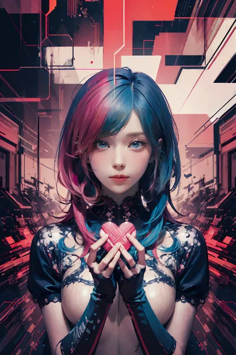 masterpiece, highest quality, super detailed, official art, fair, 1 girl, (glitch art:1.3), (rich and colorful:1.2), colorful ha...