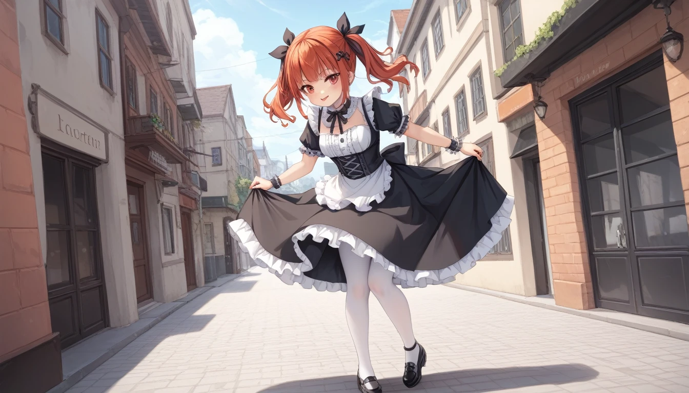 (high resolution、detailed,Beautiful latest anime、Warm colors:1.5).((High short twin tails,Black ribbon hair accessory、Redhead.Red eyes、Pregnancy-friendly body type}:1.5.(Cute blouse with black ribbon、Black gothic long skirt with frills、White pantyhose、Black shoes with ribbon))、She walks down the street with her eyes wide open and in amazement_（background:Depicting light and shadow,/Beautiful brick streetscape）（One Girl、）