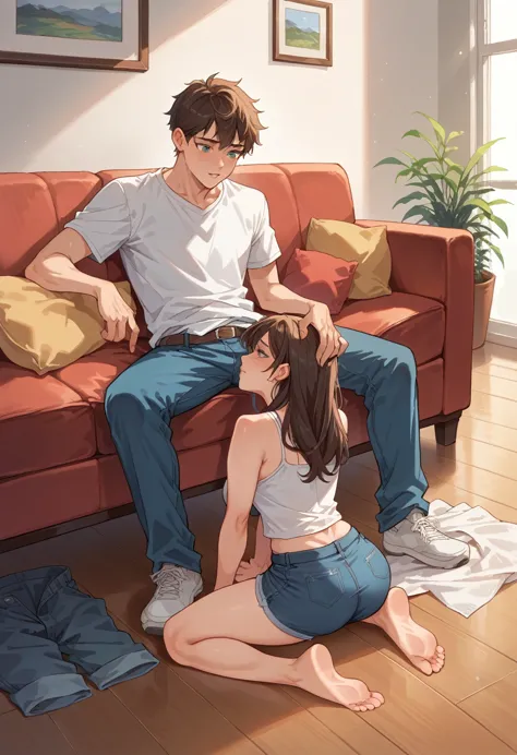 NSFW, score_9, score_8_up, score_7_up, source_animation, 1 boy, 1 woman, couple,(((Woman sitting on sofa))), ((Boy kneeling on the floor)), ((Woman legs spread)),  They face each other, Boy kneeling in directly opposite of woman