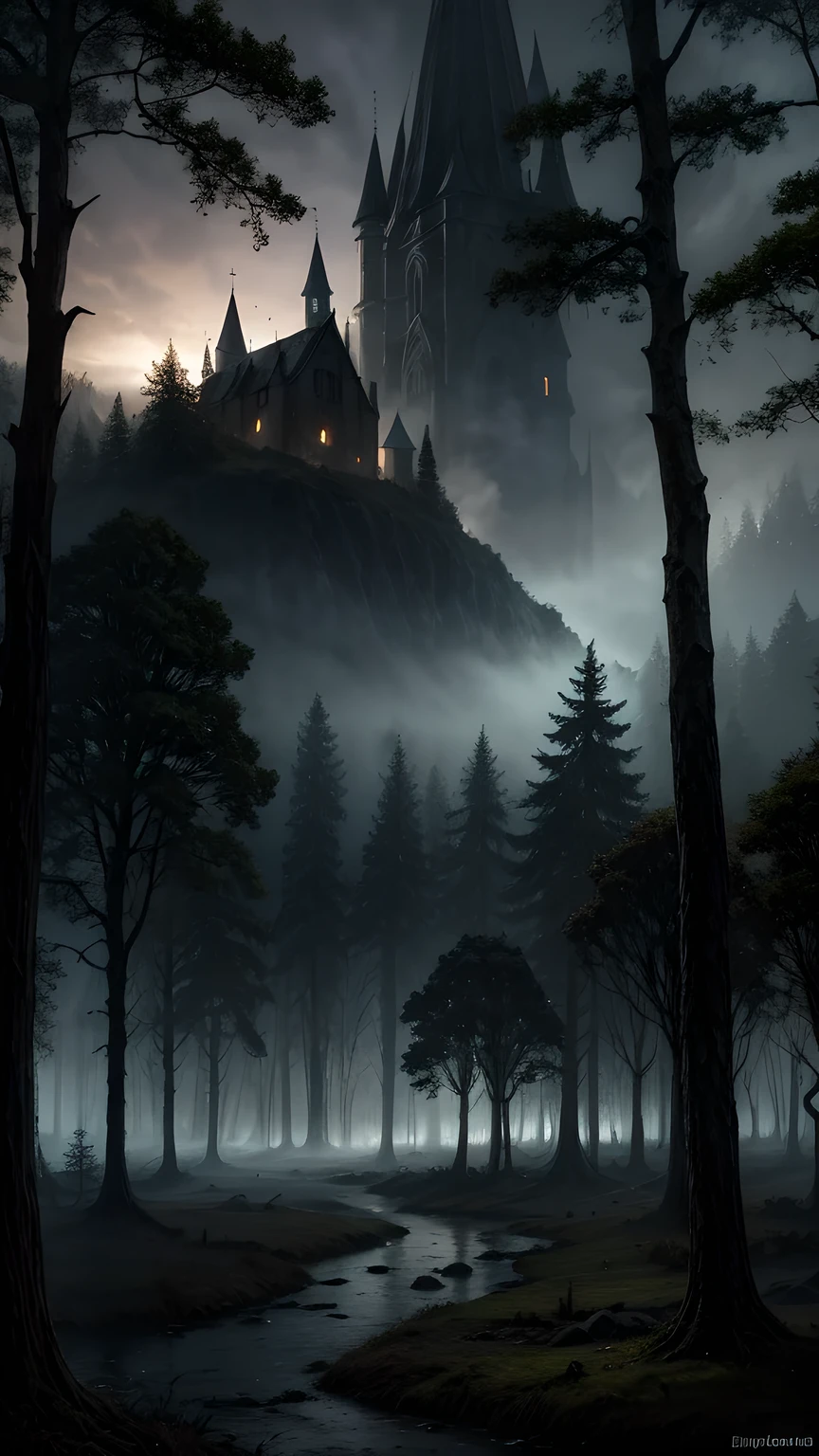 realistic dark oil painting of a medieval village at sunrise, moss, mist, misty, Eyeshadow, misterious, myth, dark, Light shining through the forest, surrounding, Depth of Field, Volumetric Lighting, Movie Lighting, Moody, heavy darkness, Black sky, low angle perspective, Courtesy of Evander Earle