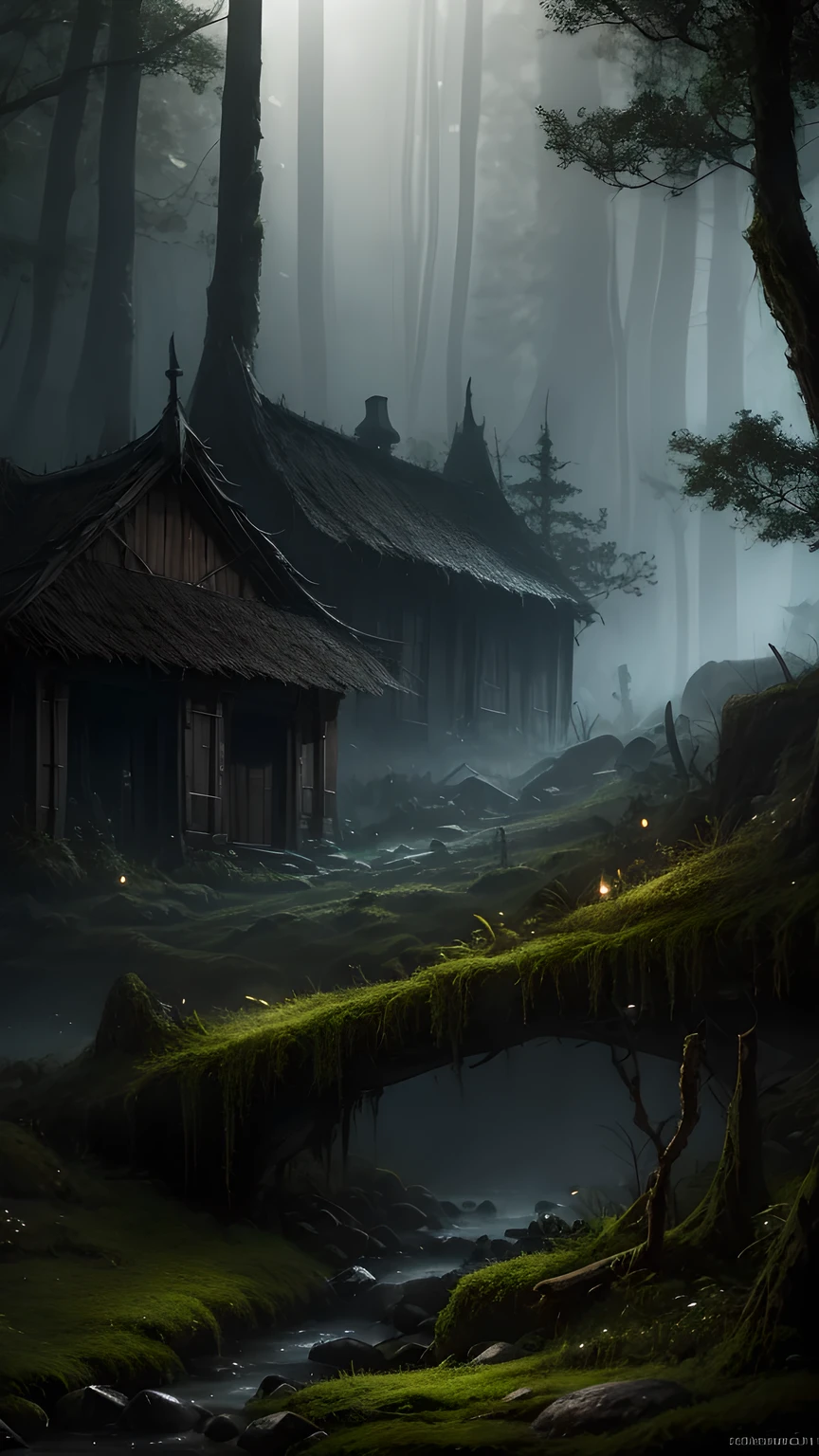 realistic dark oil painting of a medieval village at sunrise, moss, mist, misty, Eyeshadow, misterious, myth, dark, Light shining through the forest, surrounding, Depth of Field, Volumetric Lighting, Movie Lighting, Moody, heavy darkness, Black sky, low angle perspective, Courtesy of Evander Earle