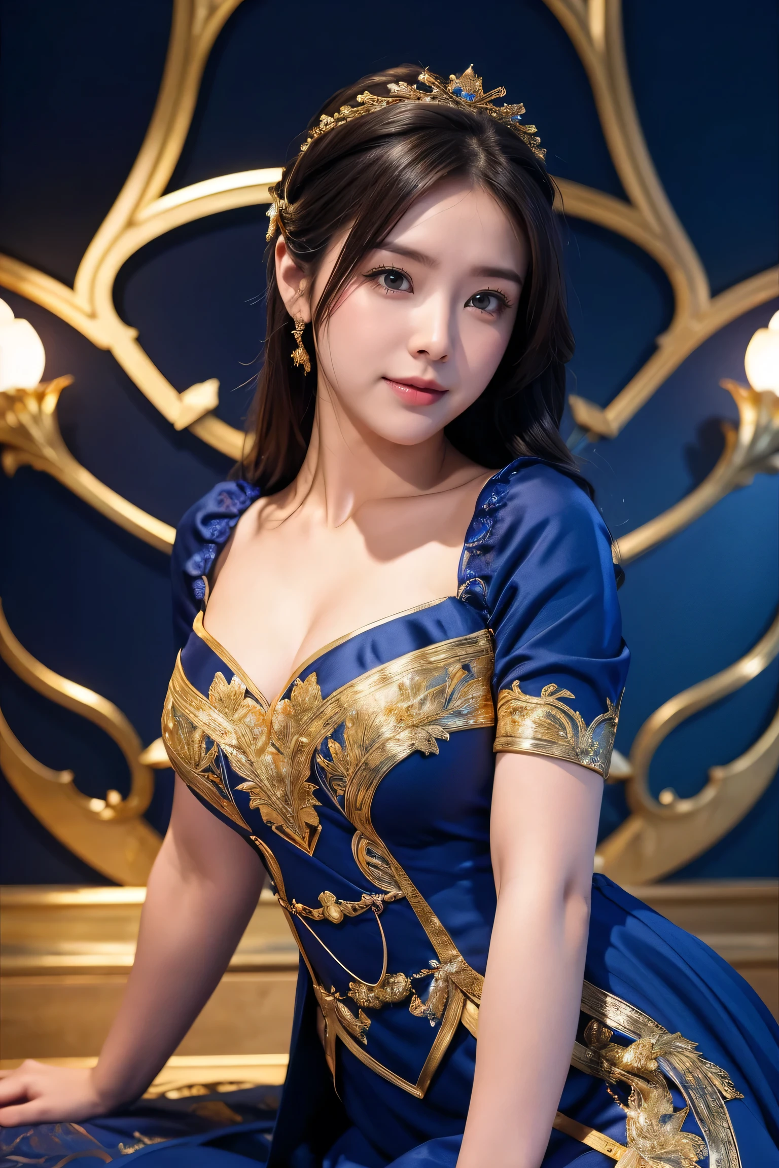 Medium display, Medium Shot, Written boundary depth, bust,Photograph the whole body, Movie angle, masterpiece, Highest quality, Very detailed, CG, 8k wallpaper, Beautiful Face, Delicate eyes, Otome, alone, smile,Cobalt blue dress with gold trim, High heels、Fractal Background