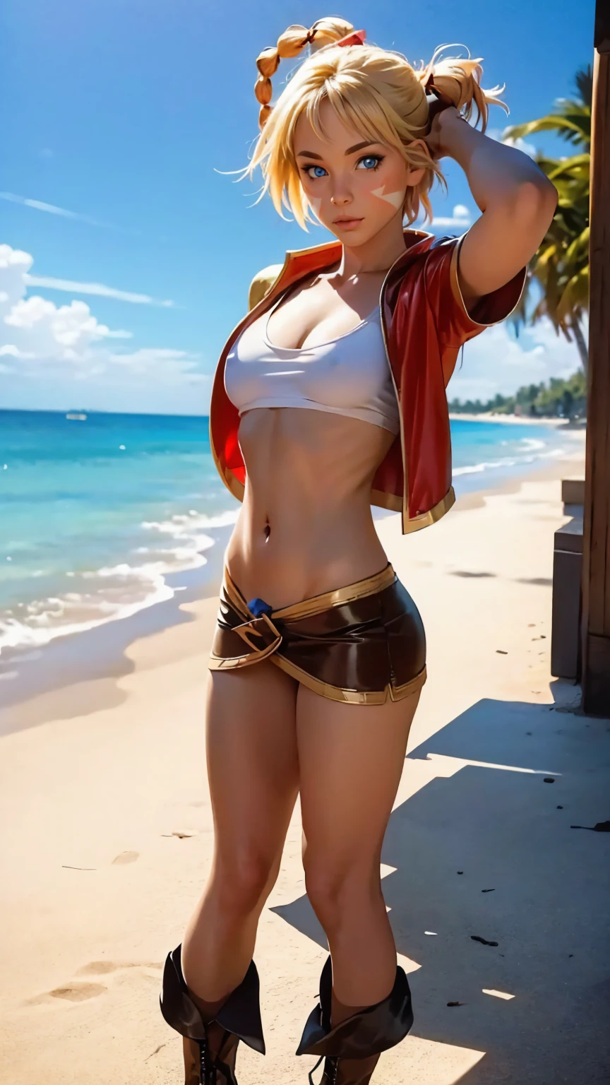 1 adult woman, character "kid" from chrono cross, 20 years old, (mature face), yellow hair in a high braided ponytail, (medium-small bust:1.4),standing on white sandy beach, in various fighting poses, fitted jacket 3/4 cropped, white top under jacket, tight fitting micro skirt, loose leather boots, ankle wraps, detailed face, detailed eyes, detailed lips, highly detailed hands, best hands, perfect hands, 8k, ultra-detailed 90s era anime style, cinematic lighting, vivid colors, dramatic shadows, masterpiece, award winning art, wide angle, (full length portrait), micrsk3rt, bikini underboob, navel, no bra, bhands 