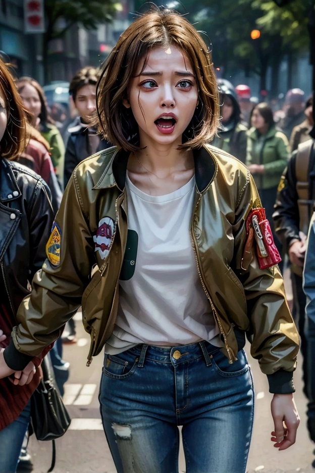 ((Highest quality)), ((masterpiece)), (detailed), One girl, （A flight jacket running away from a horde of zombies　Woman in jeans）Painful expression　Screaming　Real Image