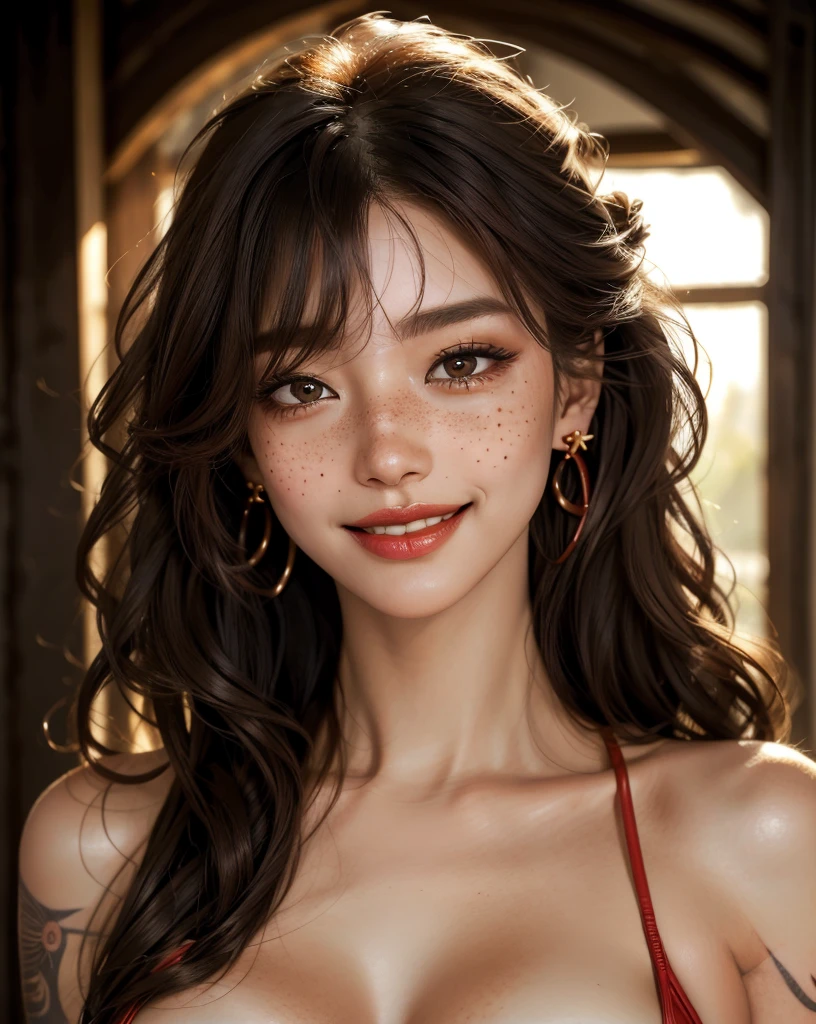 1 girl, Japanese, 4k, realistic, soft skin, texturized skin, long whavy black hair with bangs, red locks of hair, bright brown eyes, red eyeliners, shining red lips, soft makeup, freckles, very large breasts, round gold earings, red bikini, tattoo, smiling, morning lighting, portrait, bright colors, looking directly to the viewer, close up, face focus.