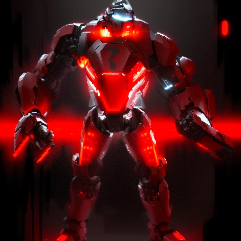 A close-up of a robot in a black and red suit, cyber flame armor, intricate glowing mecha robot, fire-colored reflected robot, T-shaped visor that glows yellow, one red arm ending in a hammer and the other black arm ending in a normal hand.