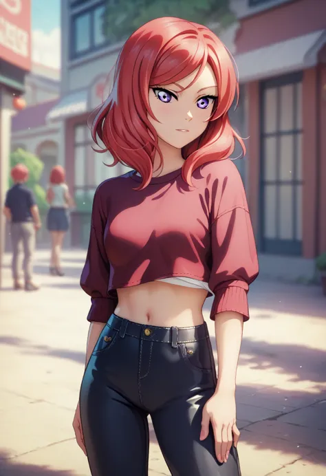 masterpiece, best quality, nishikino maki,red hair, medium hair, purple eyes , standing, stylish blouse, pants,lower belly expos...