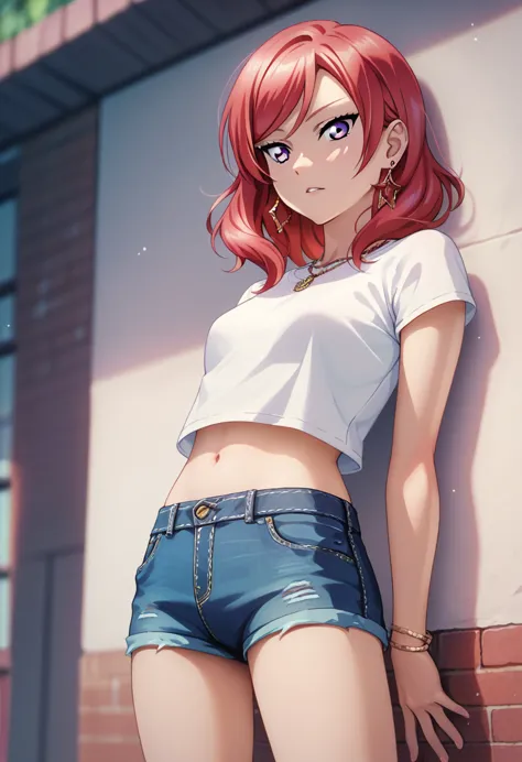 masterpiece, best quality, nishikino maki,red hair, medium hair, purple eyes , standing, stylish blouse, denim shorts,lower bell...