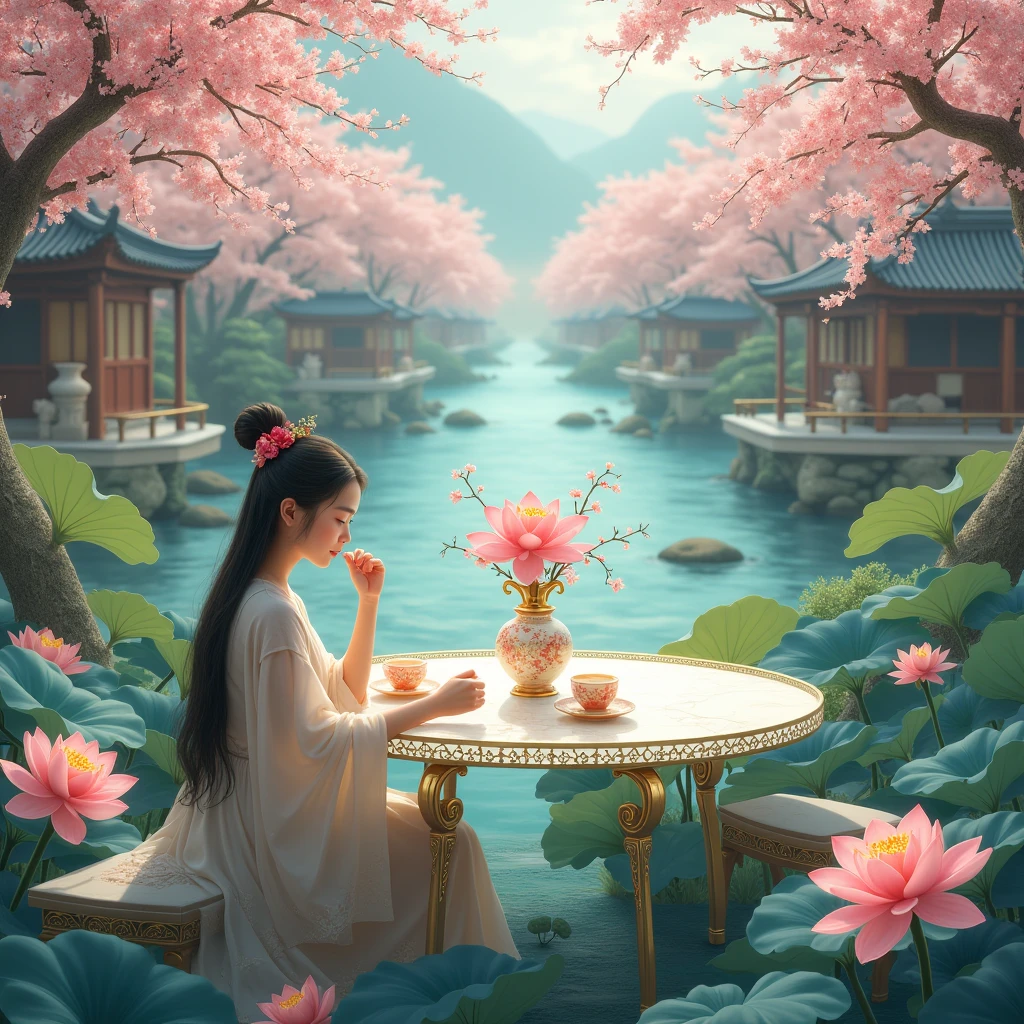 There is a Crystal Lotus Table in the Sight of a Lotus with Iridescent Very Beautiful and Detailed On Which There is a Vase On Which a Lotus Is Depicted Very Beautiful Colors, in a Vase are Lotus Flowers Blossoming Very Beautiful Lush Voluminous, against the backdrop of the river ancient china girl sits at this table, drinks tea, Everything is detailed and very beautiful, cherry blossoms, a river and a small pond, Wooden Buildings, masterpiece, Maximum Quality, full detailed, Shine, beauty, chic,