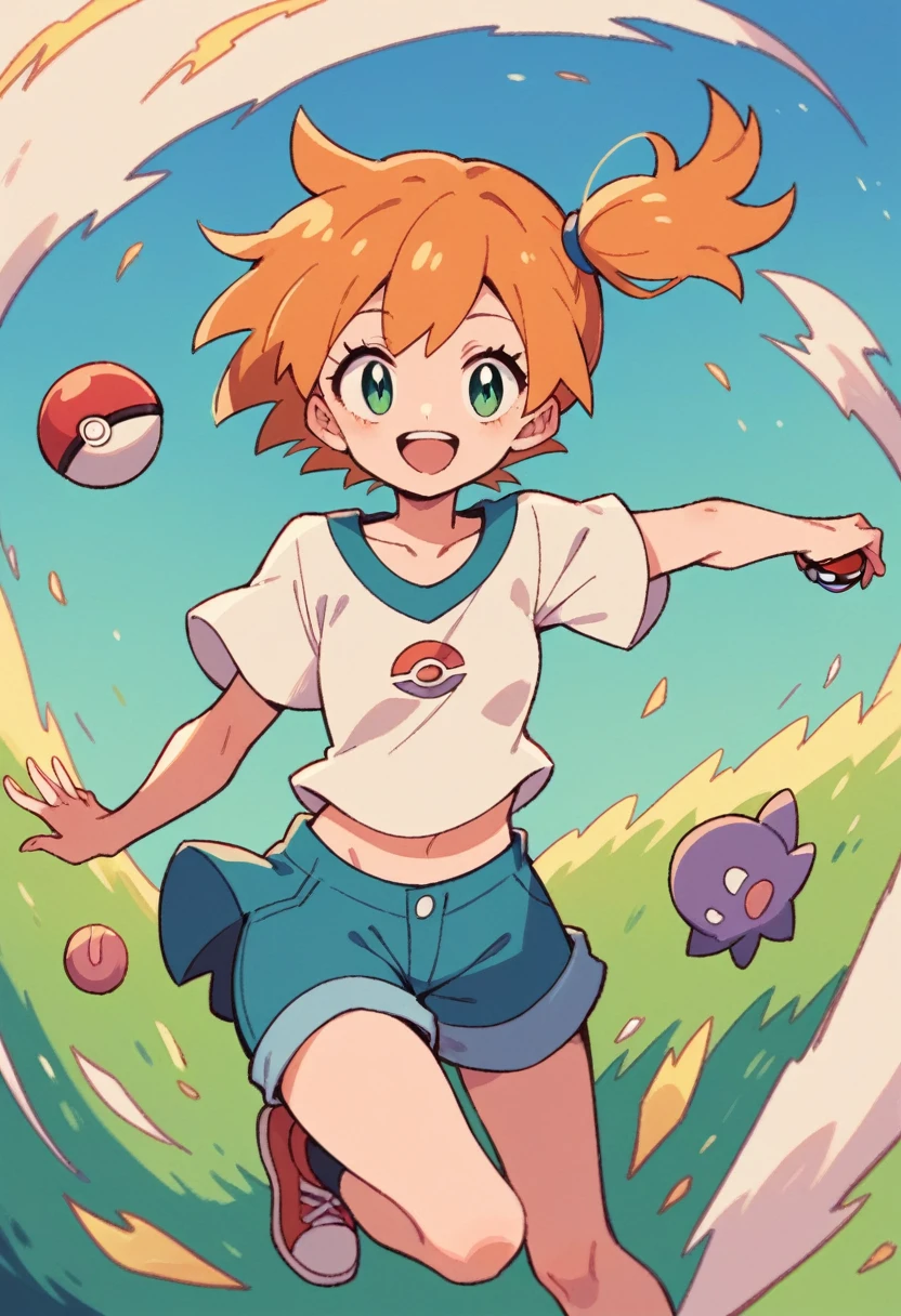 Misty_pokemon , Berry Short,Orange Hair, one side up hair ,Big green eyes,Small breasts,Skinny , akane's . natural landscape background, wild field, warm colors, big smile, sweet girl, adorable image , dynamic image , strong wind , running , PokeBall , colorful 