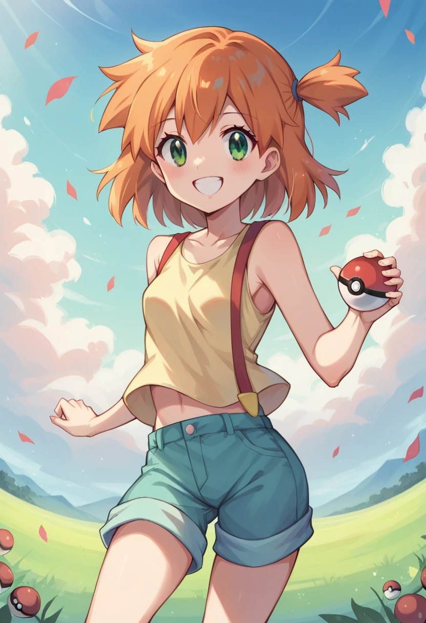 Misty_pokemon , Berry Short,Orange Hair, one side up hair ,Big green eyes,Small breasts,Skinny , akane's . natural landscape background, wild field, warm colors, big smile, sweet girl, adorable image , dynamic image , strong wind , running , PokeBall , colorful , different angles 