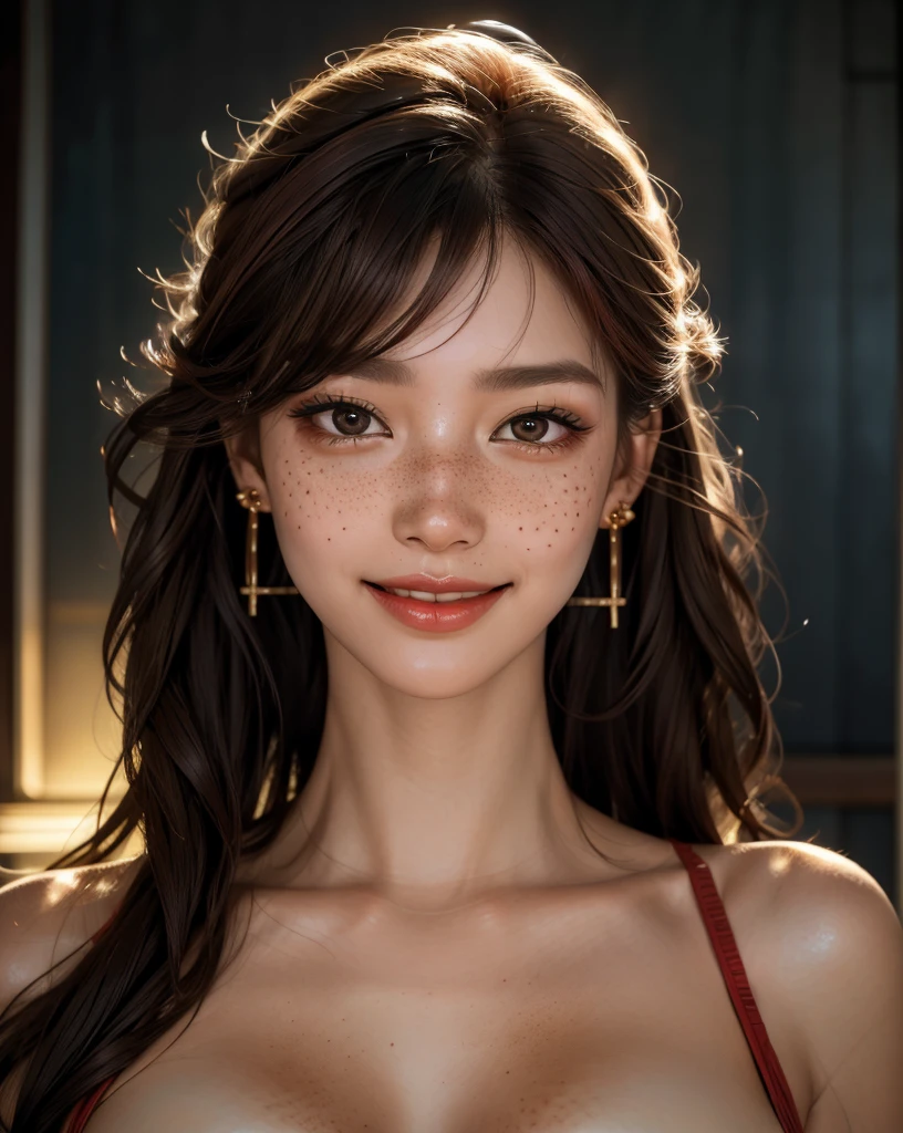 1 girl, Japanese, 4k, realistic, soft skin, texturized skin, long whavy black hair with bangs, red locks of hair, bright brown eyes, red eyeliners, shining red lips, soft makeup, freckles, very large breasts, round gold earings, red bikini, tattoo, smiling, morning lighting, portrait, bright colors, looking directly to the viewer, close up, face focus.