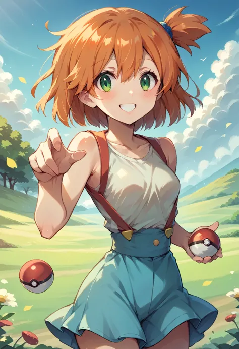 misty_pokemon , berry short,orange hair, one side up hair ,big green eyes,small breasts,skinny , akane's . natural landscape bac...