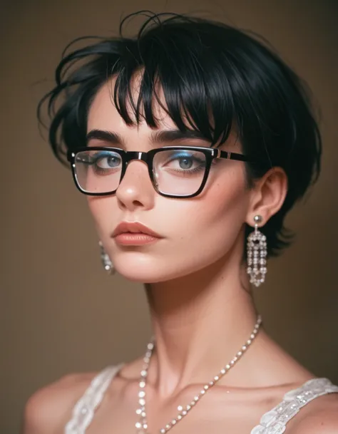 black hair, glasses, stud earrings, vintage, feminine, 8k, masterpiece, best quality, excellent detail) , (high saturation, best...