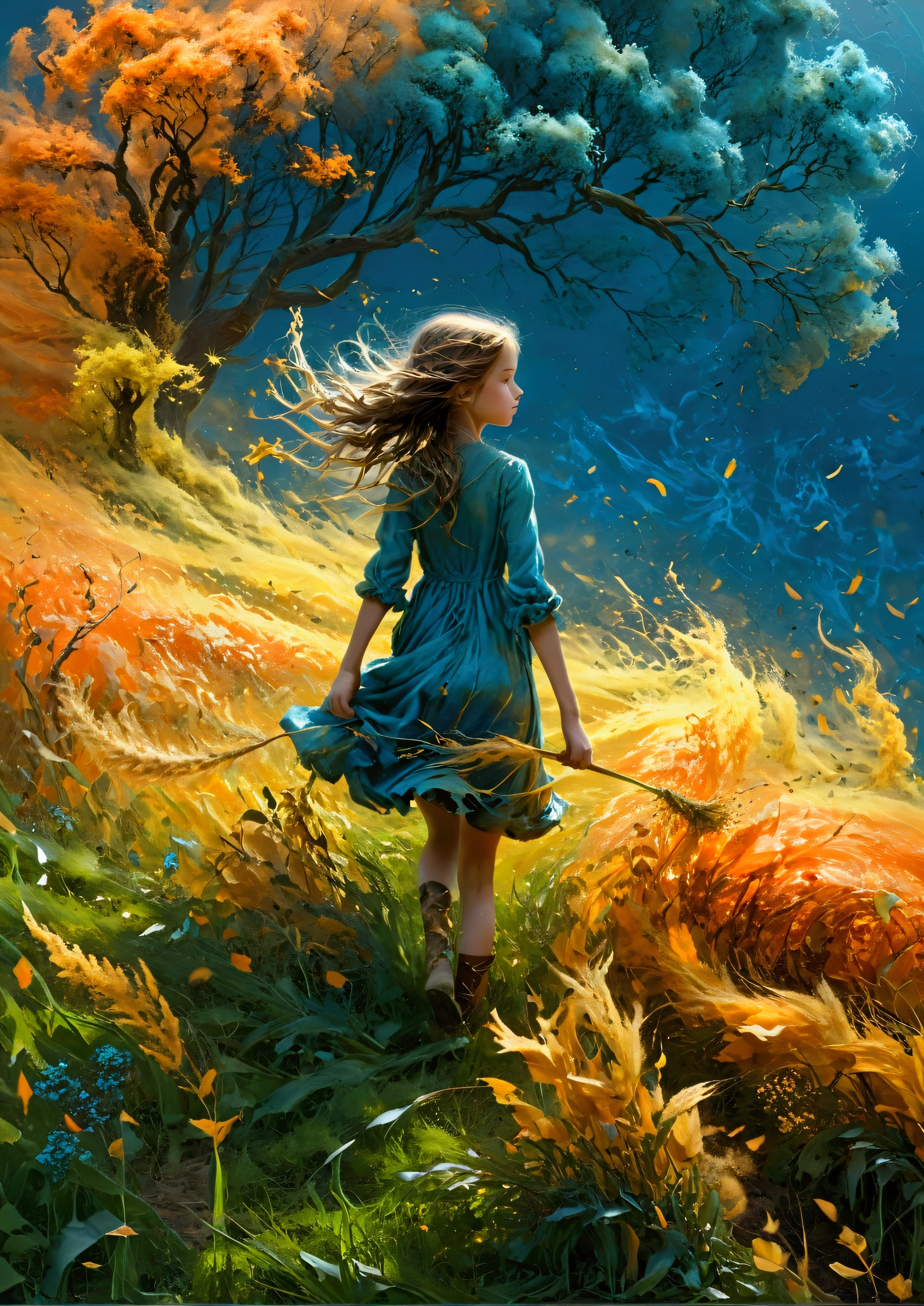 a girl walking through a field, blowing boiling swirling wind, plowing leaves of grass, in the style of ethereal trees, dark yellow and azure, majestic, sweeping seascapes, photorealistic representation, graceful balance, wimmelbilder, orange --ar 72:101 --stylize 750 --v 6