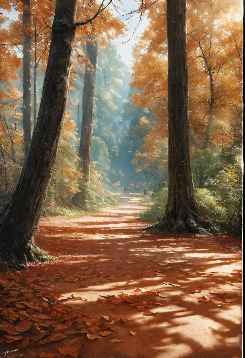 A vibrant autumn forest, colorful foliage in shades of orange, red, and yellow, sunlight filtering through the trees, a carpet of fallen leaves on the ground, soft mist in the air, (best quality,4k,8k,highres,masterpiece:1.2),ultra-detailed,(realistic,photorealistic,photo-realistic:1.37),natural scenery, serene atmosphere, gentle breeze, warm light, wide-angle view, tranquil setting