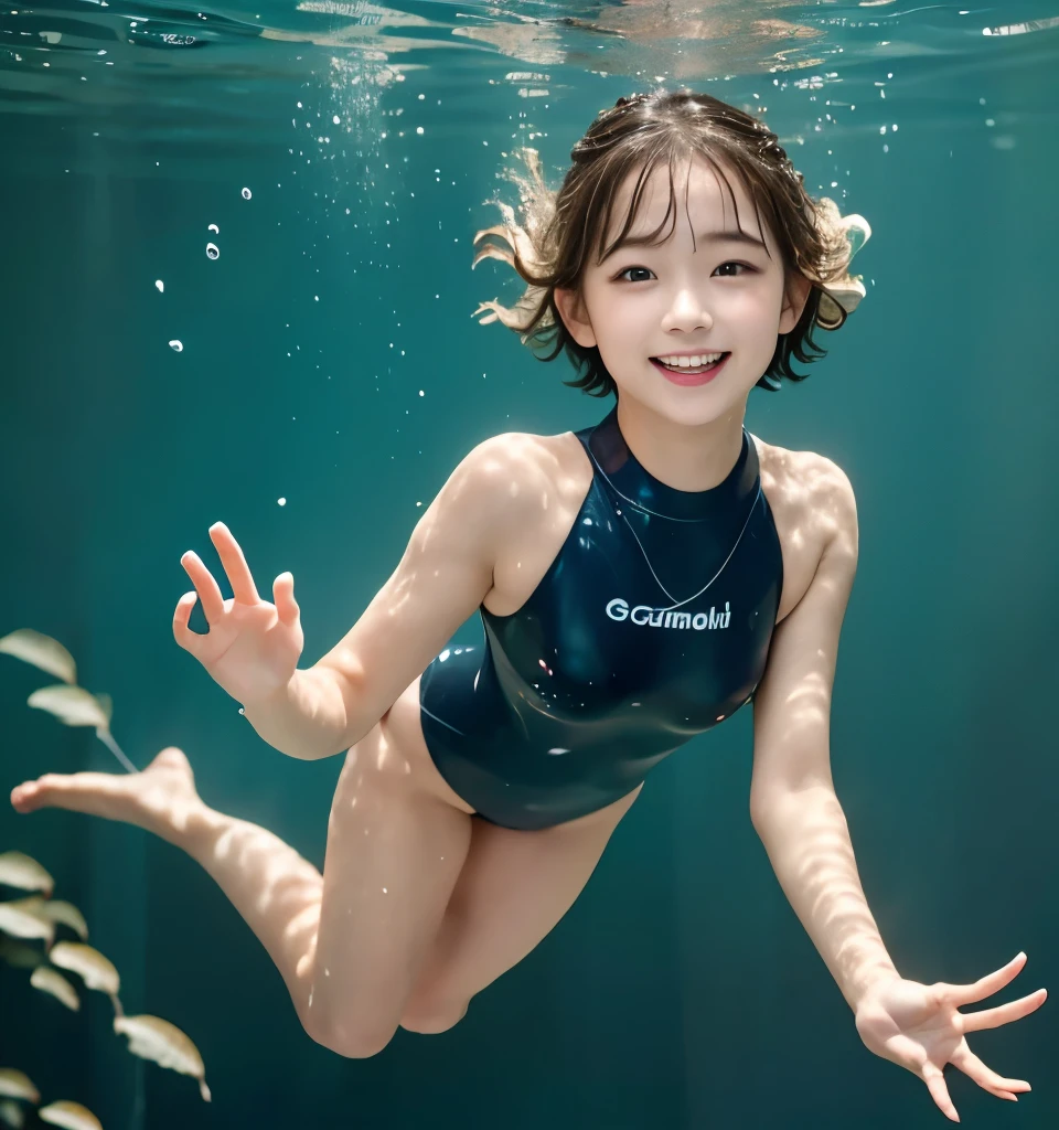 Highest quality、、Ultra-high resolution、Clear photos、Professional Lighting、(Very cute girl、beautiful girl、The cutest Yoda Yuki)、Baby Face、Small face、(Very short hair:1.6)、smile、Tight waist、(Swimming underwater:1.6)、diving underwater:1.8、Breaststroke:1.6、(Wearing a thin swimsuit:1.2、Shooting from under water)、Shooting from directly below:1.4、hair swaying like waves、Wet Hair、Foam appears from the mouth、The bubbles dance、Please open your eyes a little...、Full body photo