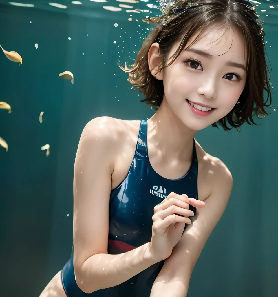 Highest quality、、Ultra-high resolution、Clear photos、Professional Lighting、(Very cute girl、beautiful girl、The cutest Yoda Yuki)、Baby Face、Small face、(Very short hair:1.6)、smile、Tight waist、(Swimming underwater:1.6)、diving underwater:1.8、Breaststroke:1.6、(Wearing a thin swimsuit:1.2、Shooting from under water)、Shooting from directly below:1.4、hair swaying like waves、Wet Hair、Foam appears from the mouth、The bubbles dance、Please open your eyes a little...、Full body photo