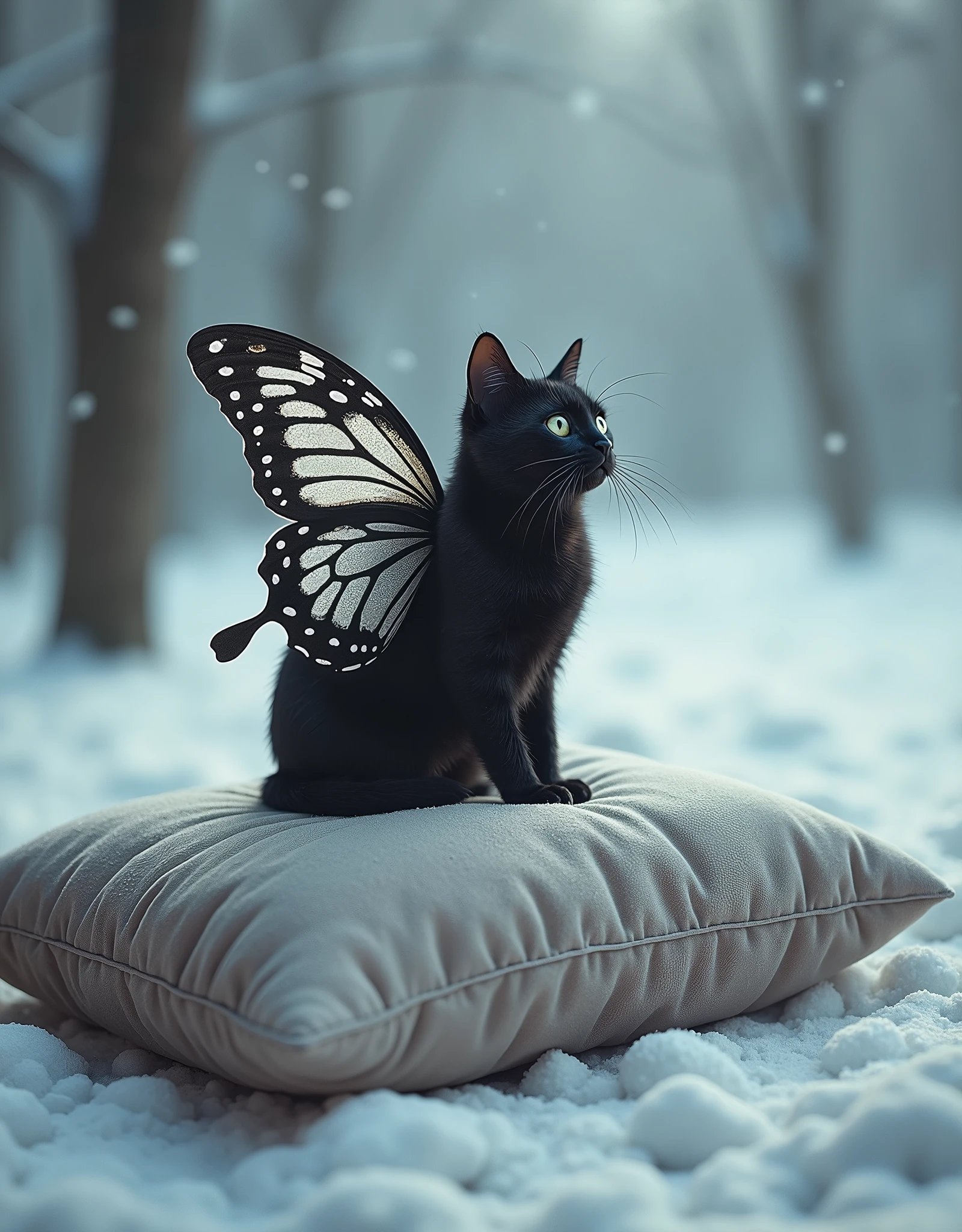 Pillow,butterfly cat,black, winter, photography, surreal