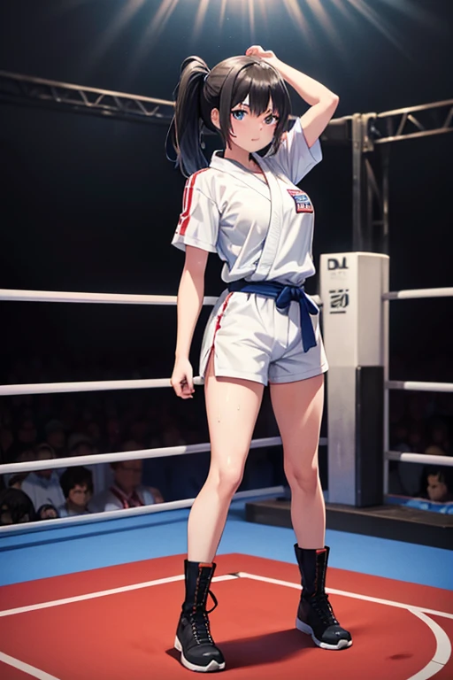 Anime Art、Full body portrait、Professional wrestling ring、A female martial artist, about 20 years old, standing upright, about 170 cm tall, wearing a white short-sleeved judo uniform and white shorts、Hairstyle: short ponytail、Black Hair、almondeyes、Dark Eyes、Angry、boots、My whole body is wet with sweat、Blue ribbon、Diagonally below