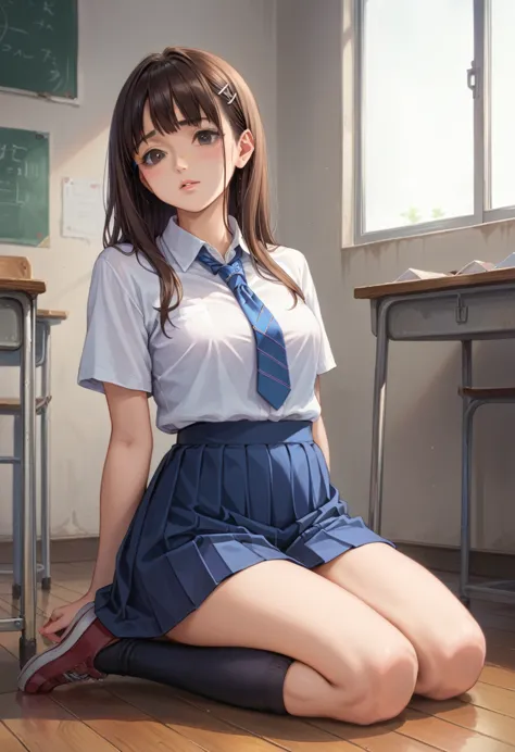 anime - style image of a man kneeling on a woman's lap, a hyperrealistic schoolgirl, hyperrealistic schoolgirl, realistic school...