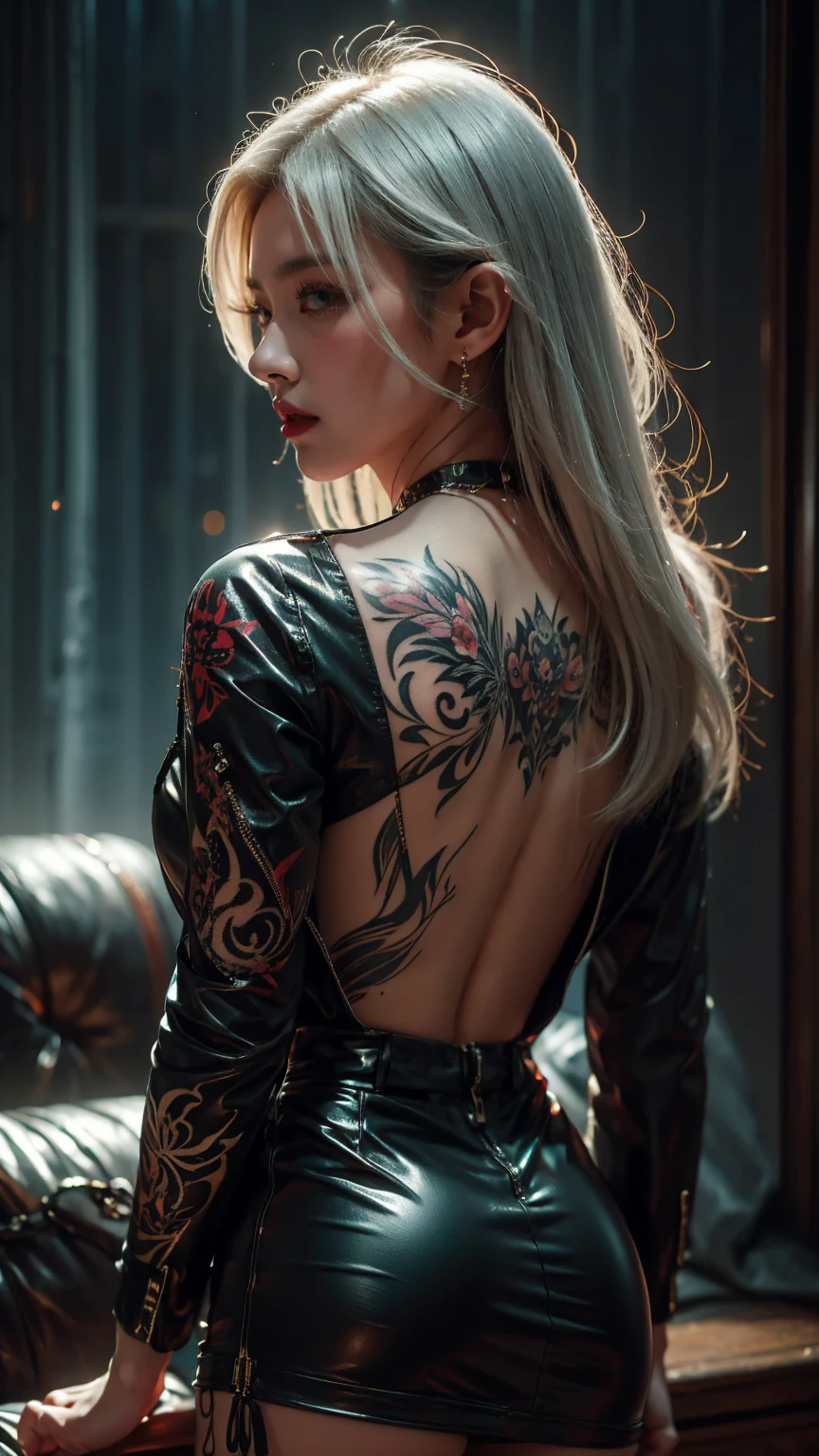 A stunning photorealistic portrait of a lone woman, gazing directly at the viewer with piercing white hair cascading down her back. She stands tall and confident in her army suit, the short skirt and tattoos adding a touch of rebelliousness. The intricate jewelry adorning her adds a touch of elegance to the overall look.