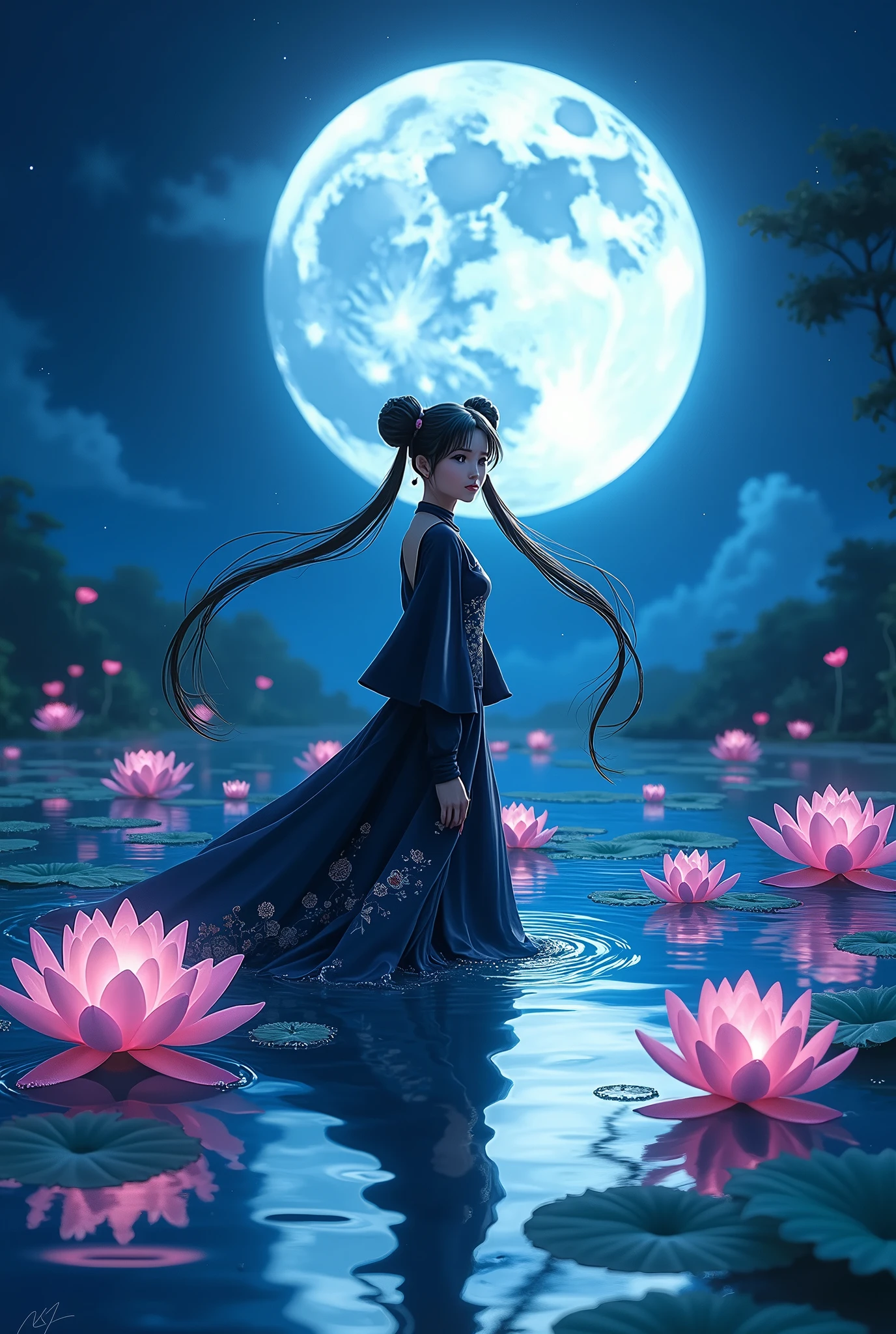 Sailor Moon in an elaborate black silk Asian dress, she is moving through a pond of magic lotus magical night big full moon
