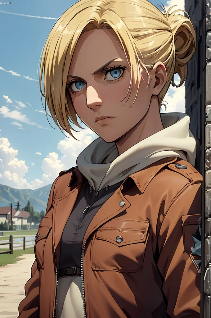 charachter: Annie Leonhart

Description of Physical Appearance:

Annie is a woman of average height, with an athletic and slender figure that reflects his agility in combat. Your short, straight hair, dark brown, fall elegantly around your face, including a fringe that highlights your expressive eyes.

Her eyes are a striking feature, large and intense blue, conveying a mix of determination and enigma. Their facial expression tends to be cold and calculating, revealing little about their true feelings.

Annie wears the distinctive uniform of the Scout Corps, consisting of a brown leather jacket, Belt with pockets for equipment and the classic green cape with the troop emblem. The three-dimensional maneuvering equipment she uses highlights her ability to maneuver dexterously during combat..

When Annie activates her Titan ability, Its expression changes drastically. Your eyes shine with an unearthly intensity, and their expression takes on a more predatory appearance.

Remember to incorporate these details when creating visual representations of the character.]