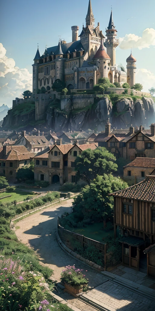 4k, realistic, very detailed, wide angle lens, moist medieval town, vibrant, fantastical plants, a big house, Makoto Shinkai style, anime background, concept art, (no characters appearing), realistic lighting, epic composition, diffuse, (masterpiece, best quality), super hd, 32k --v 6