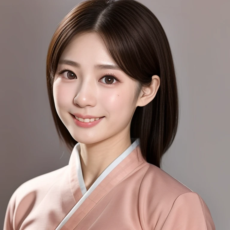 (kawaii 24 year-old Japanese highschool girl, Nogizaka idol, Korean idol), healthy female athlete body, (glossy brown hair, random hair style, with traditional hair ornaments:1.3), (rounded face, beautiful black eyes, single eyelid, no makeup, best smile:1.2), (looking at viewer), (wearing Hanbok, Korean traditional cloth:1.3), perfect shaped extra small breasts, BREAK, (plain white background:1.3), (dynamic angle, bust shot:1.3),  BREAK, (masterpiece, best quality, photo realistic, official art:1.4), (UHD, 8K quality wallpaper, high resolution, raw photo, golden ratio:1.3), (shiny skin), professional lighting, physically based rendering, award winning, (highly detailed skin, extremely detailed face and eyes, anatomically correct), Carl Zeiss 85 mm F/1.4, depth of field, 1girl, solo,