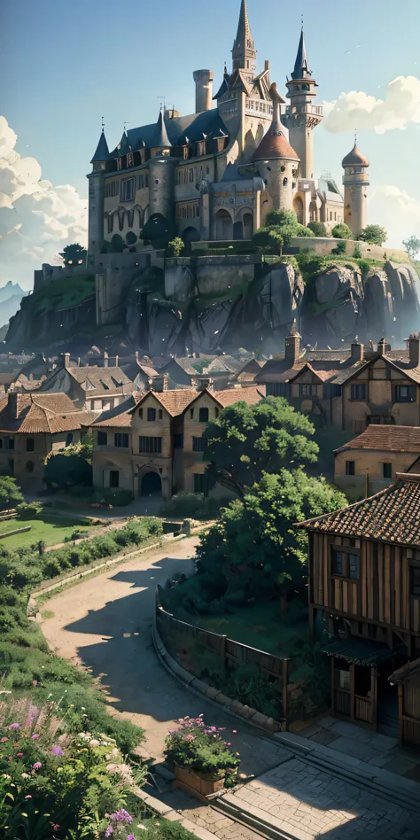 4k, realistic, very detailed, wide angle lens, moist medieval town, vibrant, fantastical plants, a big house, makoto shinkai sty...