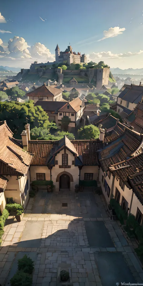 4k, realistic, very detailed, wide angle lens, moist medieval town, vibrant, fantastical plants, a big house, makoto shinkai sty...