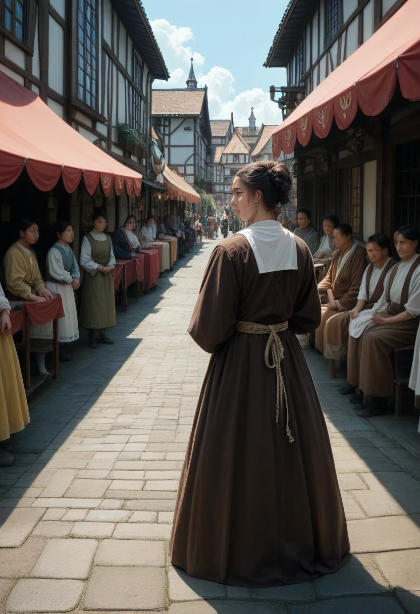 A scene from a movie set in a medieval sexslave market where japanese local girl are being traded as sexslaves to European nobles. The environment includes sexmarket stalls, chains, and an auction platform. The japanese local people are being presented for sale, and the European nobles are examining and buying them cum dump. The setting reflects the historical atmosphere of a medieval sexslave market.