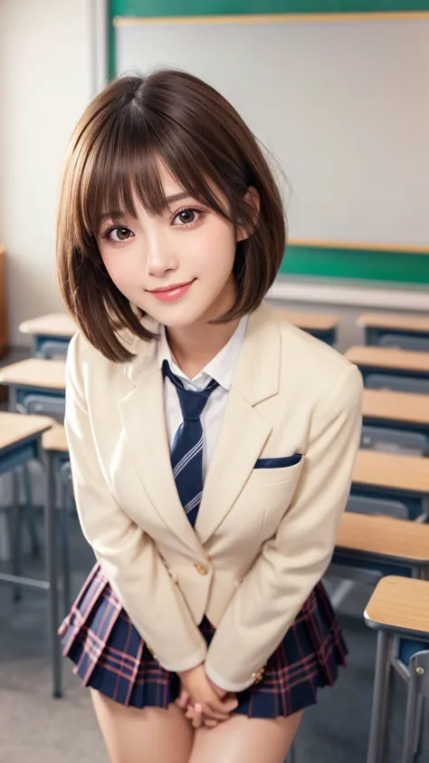 ((high school classroom:1.2)),schoolgirl uniform,blazer, super short,plaid,blue micro mini skirt,very cute face,glossy lips,beau...