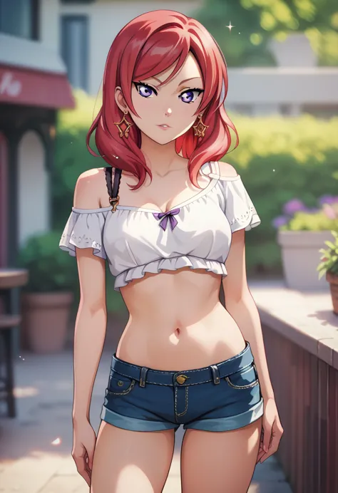 masterpiece, best quality, nishikino maki,red hair, medium hair, purple eyes , standing, stylish blouse, denim shorts,lower bell...