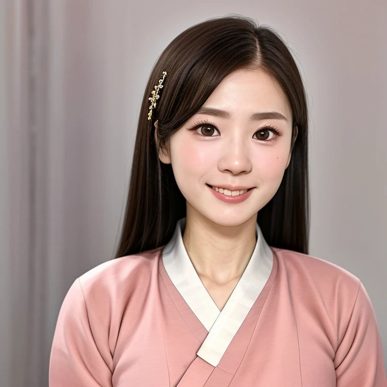 (kawaii 24 year-old Japanese highschool girl, Nogizaka idol, Korean idol), healthy female athlete body, (glossy brown hair, random hair style, with traditional hair ornaments:1.3), (rounded face, beautiful black eyes, single eyelid, no makeup, best smile:1.2), (looking at viewer), (wearing Hanbok, Korean traditional cloth:1.3), perfect shaped extra small breasts, BREAK, (simple white background:1.3), (dynamic angle, bust shot:1.3),  BREAK, (masterpiece, best quality, photo realistic, official art:1.4), (UHD, 8K quality wallpaper, high resolution, raw photo, golden ratio:1.3), (shiny skin), professional lighting, physically based rendering, award winning, (highly detailed skin, extremely detailed face and eyes, anatomically correct), Carl Zeiss 85 mm F/1.4, depth of field, 1girl, solo,