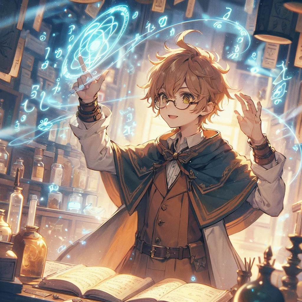 absurdres, best quality, fine detailed, 8k, 1boy, Light brown hair, reddish brown eyes, green gothic fantasy cape, yellow embroidery pattern, white shirt, glasses, smile, thin brown ribbon, beige vest, magician, alchemy workshop, magic circle, potion bottle, glass bottle ,work desk, magic book