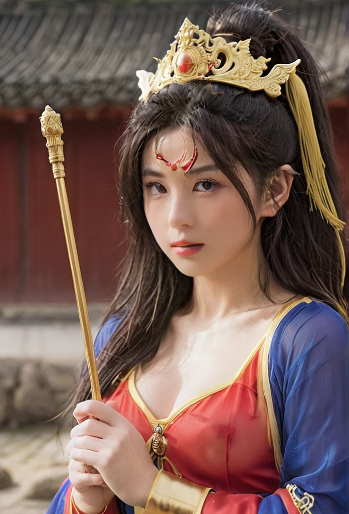 Female Son Goku､journey to the west，Red and blue sheer costume、Golden Wand