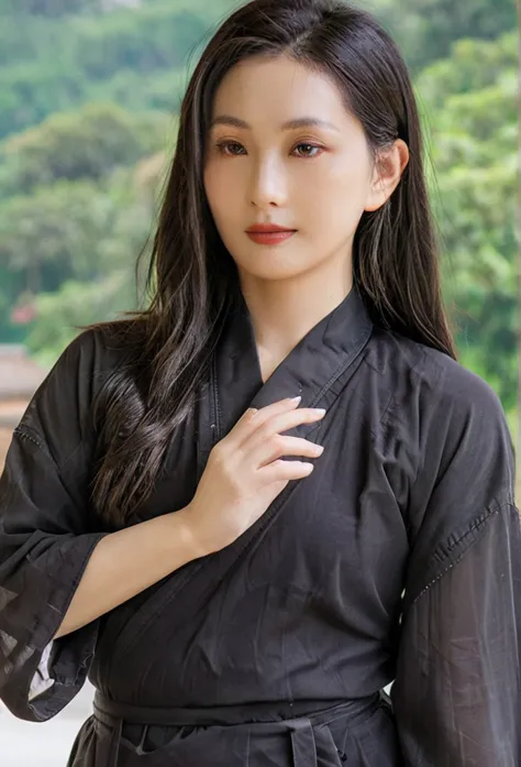 a female tripitaka priest wearing a black, transparent robe、bewitching pose