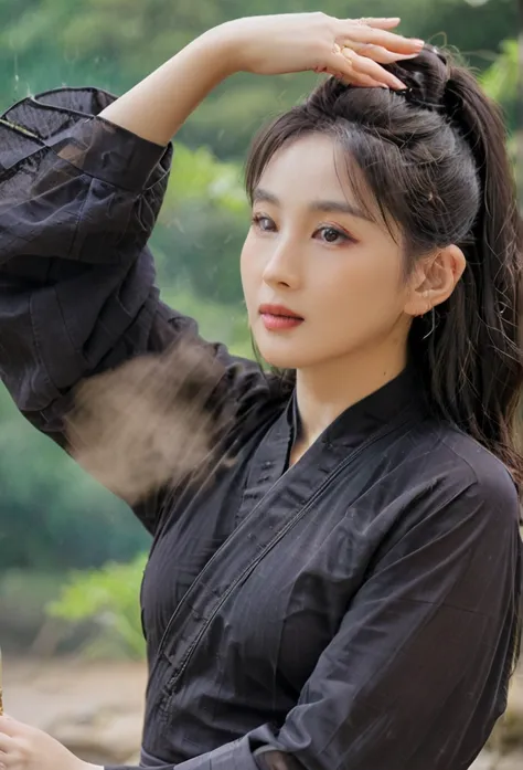 a female tripitaka priest wearing a black, transparent robe、bewitching pose