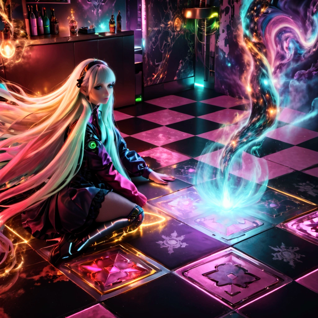 a woman with long hair sitting on a checkered floor surrounded by glowing lights, alice in wonderland cyberpunk, elaborate digital art, colorfull digital fantasy art, digital cyberpunk - anime art, digital visionary art, advanced digital cyberpunk art, the encrypted metaverse, mind-bending digital art, digital art fantasy, 4k highly detailed digital art, futuristic digital art